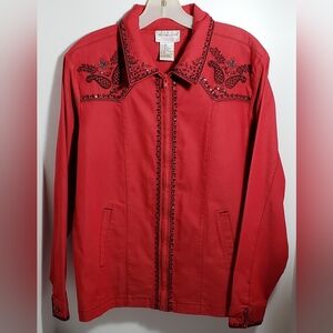 Victor Costa Red Embroidered Embelished Women's Zip Jacket w/Pockets Size M
